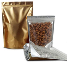 Load image into Gallery viewer, Huge range of clearfront, gold foil back stand up pouches with ziplock. Our stand up pouches are available in many sizes.